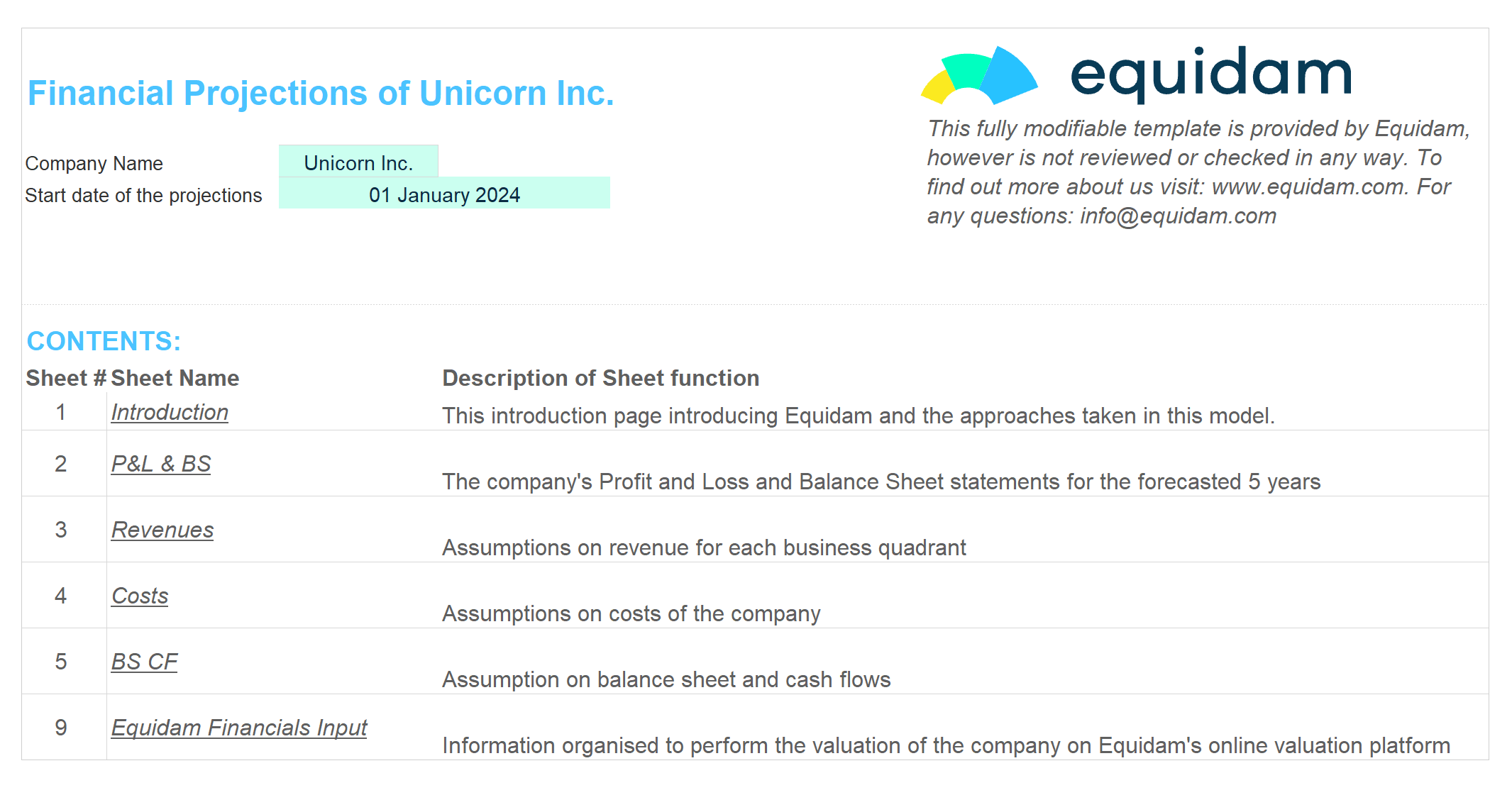 Equidam Startup Financial Projections Template